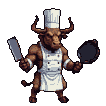 Minotaur in chef's attire holding a cleaver and frying pan.