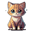 Stylized, cute kitten with large, reflective blue eyes, sitting upright with front paws together. The kitten has warm orange and brown fur with darker stripes, a white chest, and is set against a dark reddish-brown background.
