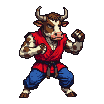 Minotaur in red gi and blue pants in a dynamic fighting stance, mid-punch combo.