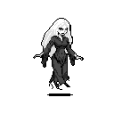 A haunting pixel art image depicts a spectral woman with flowing white hair and a tattered dress, her mournful expression and outstretched arms creating an eerie, gothic presence.