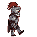 A weary skeleton knight in full pixelated armor shuffles forward, its red-plumed helmet hinting at a long-lost glory. The somber image captures a melancholic moment for this undead warrior.