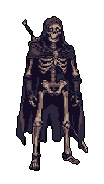 This pixel art depicts a cloaked skeleton in tattered garments, standing rigidly with a stoic, ominous presence. The muted color palette and classic fantasy vibe evoke a sense of decay and melancholic mystery.