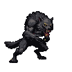 Menacing werewolf running right, snarling with bared teeth and piercing yellow eyes, rendered in dark, textured pixel art.