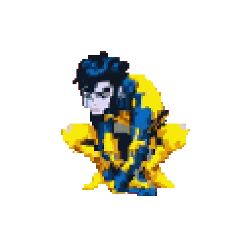 A pixel art character, with pale skin and messy dark hair, crouches facing slightly left. She wears a yellow and blue suit against a solid red background.