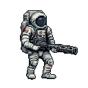 Heavily armored astronaut in a ready stance, facing right, holding a multi-barreled rotary cannon across their chest.