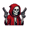 Skeletal figure in a red hooded robe, brandishing two pistols, one emitting a pixelated light burst.