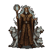Regal wizard with a white beard and crown, holding a glowing orb staff, flanked by two watchful wolves with bared teeth.