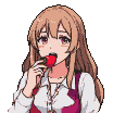 Young anime girl with long, light brown hair, rosy cheeks, and half-closed eyes, bringing a bright red strawberry to her mouth with a look of sweet satisfaction.