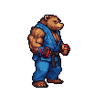 Anthropomorphic bear in blue gi and red hand wraps performing a fast punching combo.