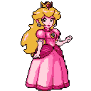 This pixel art portrait captures Princess Peach in her classic pink gown, offering a welcoming gesture and serene smile. The nostalgic style showcases her iconic design with vibrant yet muted colors.