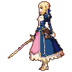 Warrior in blue dress with pink underskirt and sword, walking left.