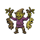 Pixel Art: goblin is dancing happily with catched screaming mandragoras (generated with AI by sandacz).
