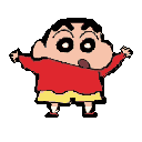 Shinnosuke "Shin-chan" Nohara with arms spread wide above his head, mouth open in an excited expression with tongue visible, on a solid gray background.