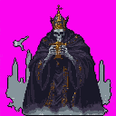 A solemn skeletal pontiff, adorned in ornate robes and holding a golden cross, stands against a striking hot pink backdrop. The pixel art combines religious iconography with macabre imagery, creating an unsettling yet captivating scene.