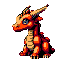A stylized, seated dragon with red and orange scales, beige belly, snout, and horns, and blue eyes, viewed in profile against a black background.