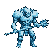 An imposing ice golem, made of jagged blue crystals, swings a mace overhead, preparing to strike.