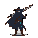 A cloaked and mysterious swordsman, eyes glowing beneath a wide-brimmed hat, stands ready for action. The pixel art character wields a large sword, hinting at potential danger and adventure.