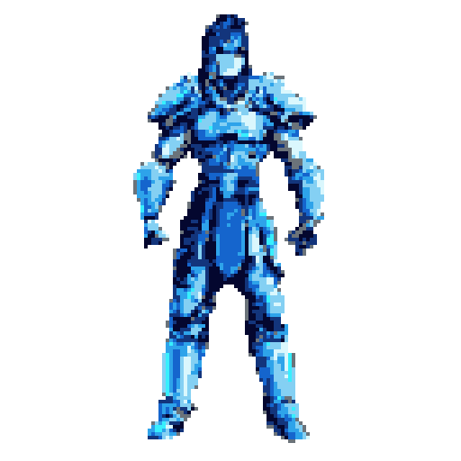 A pixel art knight in full blue armor, standing centrally and facing forward with arms at sides.