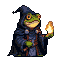Pixel Art: frog necromancer is playing with fire magic, idle animation, static camera (generated with AI by sandacz).