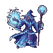 An ice mage in blue and purple robes conjures frosty magic, with a crystalline orb on their staff pulsing cold energy.