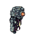 Pixel Art: The machine emits a laser beam from its central laser eye, while the tentacles below it slightly spread apart and sway gently. The machine's eye and entire body emit a red glow. (generated with AI by Aerrith Dryad).