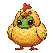A plump, yellow, pixelated chicken with a red comb wobbles forward, revealing a round, green face with large, dark, bewildered eyes.