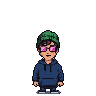 Character wearing a green beanie, pink-tinted glasses, and blue hoodie waits at a gray ATM.