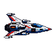 Pixel Art: A 2D pixel art spaceship animation loop, top-down perspectiv...