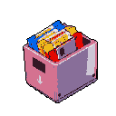 This pixel art image showcases a light pink box overflowing with brightly colored, cylindrical items, likely packaged sweets and a silver electronic device. The haphazard collection creates a playful still life.