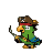 Green parrot pirate with a brown tricorn hat and skull emblem, holding a round object.
