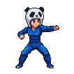 Character in blue martial arts gi and panda helmet running and sliding.