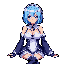 Anime-style female character with short light blue hair, wearing a dark blue maid outfit with white frills and a bow.
