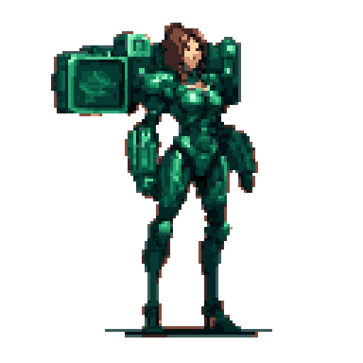 Female character in teal and brown futuristic armor, facing right, with a large boxy weapon on her back.