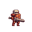 Knight in reddish-brown armor, holding a large, jagged sword horizontally, facing right. Solid reddish-brown background.