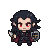 Stoic anime-inspired vampire with red eyes, holding a knife and shield, ready for combat.