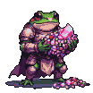 Frog knight in rose quartz armor struggling to hold a cascade of spilling pink and purple gemstones.