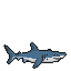Two pixelated sharks, a great white and a tiger shark, swim gracefully.