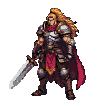 A warrior in gleaming plate armor and a crimson cape holds a sword defensively, his blonde hair framing a determined expression.