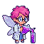 Character with pink hair and shimmering wings in a lab coat, pouring purple liquid from one flask to another.
