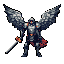 A heavily armored warrior with glowing red eye slits and large, dark feathered wings spread wide, stands holding a single-edged sword downwards. The armor is dark grey and blue-grey with orange-red accents, and a matching orange-red cape flows behind.