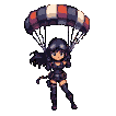 Young woman with flowing dark hair and a determined expression, descending through the air with a colorful parachute billowing above her. She wears a dark outfit and her pose suggests a controlled, confident fall.