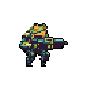 A pixel art frog character in a large, teal and purple mech suit with a large orange weapon held forward.