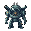 A heavily armored, bipedal mech suit stands centrally, its bulky torso housing a transparent cockpit with a faintly visible pilot. The mech is dark teal and grey with muted orange-brown rust accents. Two large, conical armaments extend upwards from its sides, and two small antennae are on its head. The background is a solid blue-grey.