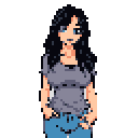 Pixel Art: woman from head to toe, beautiful with blue eyes, black hair, big breasts, wearing a sexy t-shirt, jeans, walking  (64x64) (generated with AI by Rivsol Sprite).