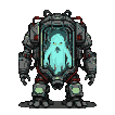 A translucent, cyan-glowing spectral entity hovers within a metallic containment unit attached to a weathered grey and red robotic exoskeleton.