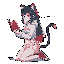 Pixel Art: Create a smooth idle animation of a kneeling pixel-art anime cat girl holding an open red book in front of her chest. She has long straight black hair with red ribbon on the right side, black cat ears with red tips and fluffy white inside, and a long black tail with a red tip that moves slightly. Animation details (looping): Subtle breathing motion: chest and shoulders rise and fall gently. Hair movement: long hair shifts slightly with the breathing, a few strands moving. Tail sway: tail slowly sways side-to-side in a relaxed, cat-like manner. Eyes blink occasionally (every 3–5 seconds) for realism. Book movement: book stays mostly still but shifts slightly with breathing. Style: Pixel art, anime proportions, smooth loop, clean outlines, vivid colors. Character remains kneeling in place, no big movements. (generated with AI by Arwenmere Golem).