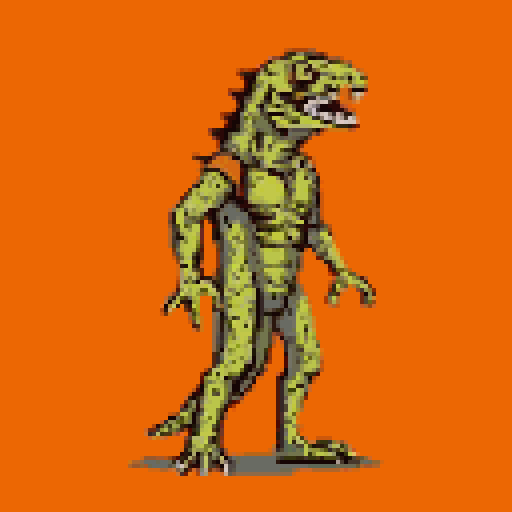 A hunched, humanoid lizard creature with open mouth, visible teeth, and narrowed eyes stands on a solid orange background. It wears a chest and back harness.