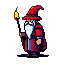 Elderly mage with white beard and red hat conjures a flickering flame.