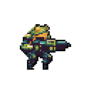 Green and black frog-like creature in dark blue-grey armor, hunched over and aiming a large, futuristic beige weapon to the right against a solid orange background.