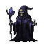A robed skeleton figure, resembling the Grim Reaper, stands centrally holding a glowing purple staff. Its left hand is raised, fingers splayed. The background is plain taupe.